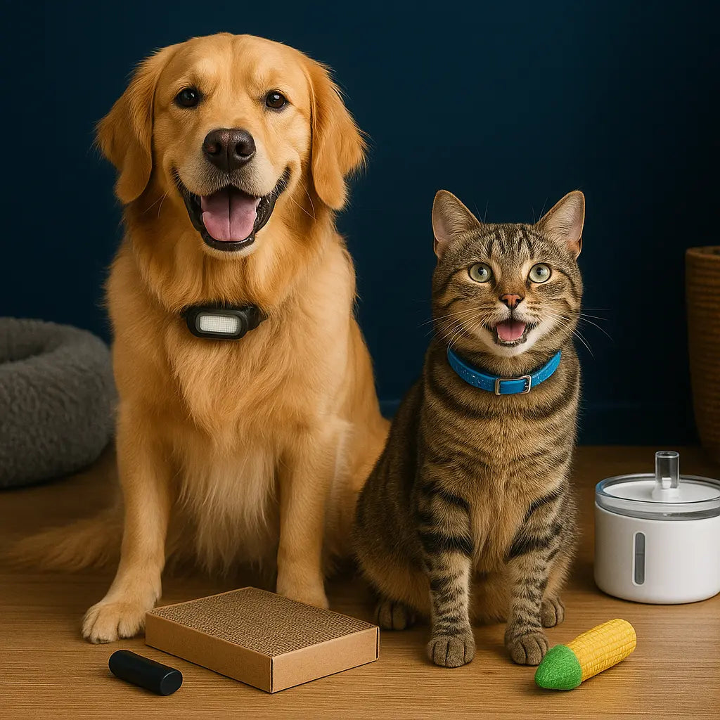 Golden retriever and tabby cat wearing collars sit on a wooden floor beside a scratch pad, corn-shaped chew toy, and white automatic water fountain