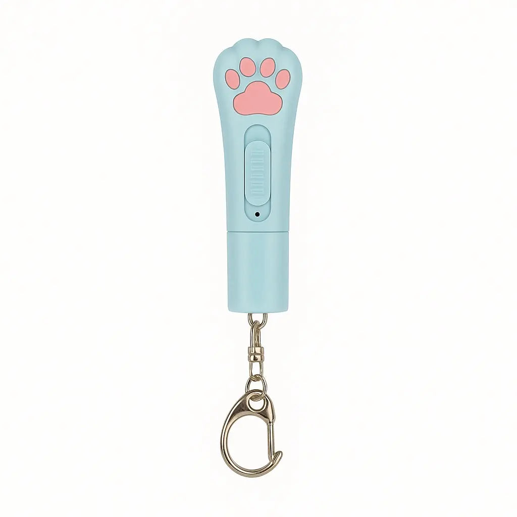 A compact and stylish cat laser pointer in blue with a paw-shaped button, designed for fun interactive play.