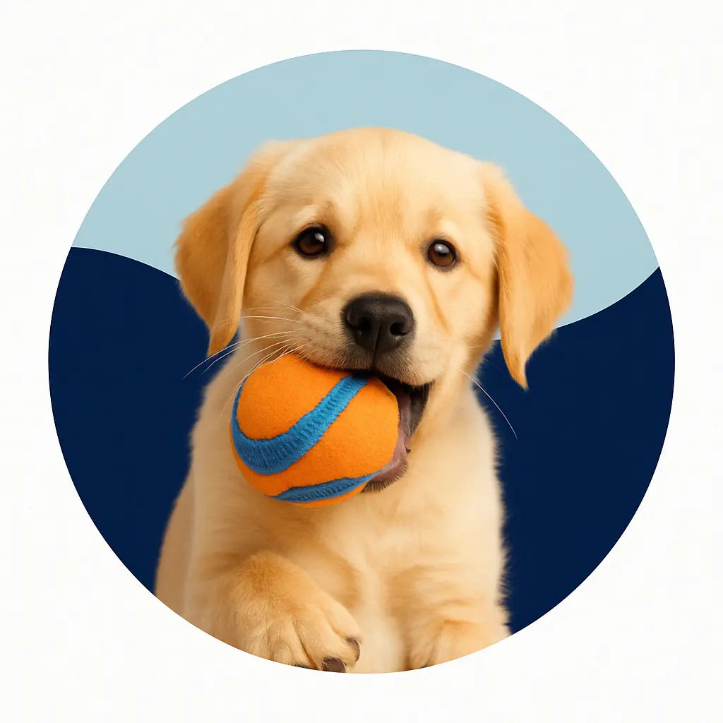 Golden retriever puppy holding a bright orange and blue tennis ball in its mouth, with a playful expression on a two-tone blue background.