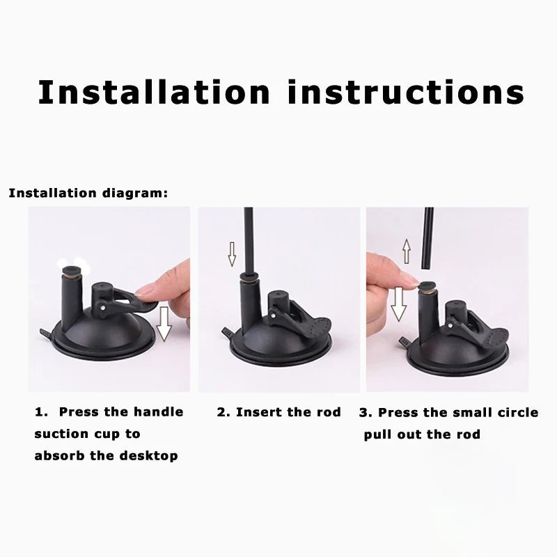Diagram showing installation instructions for a suction cup rod, including steps to press the handle to absorb the desktop, insert the rod, and press the small circle to pull out the rod
