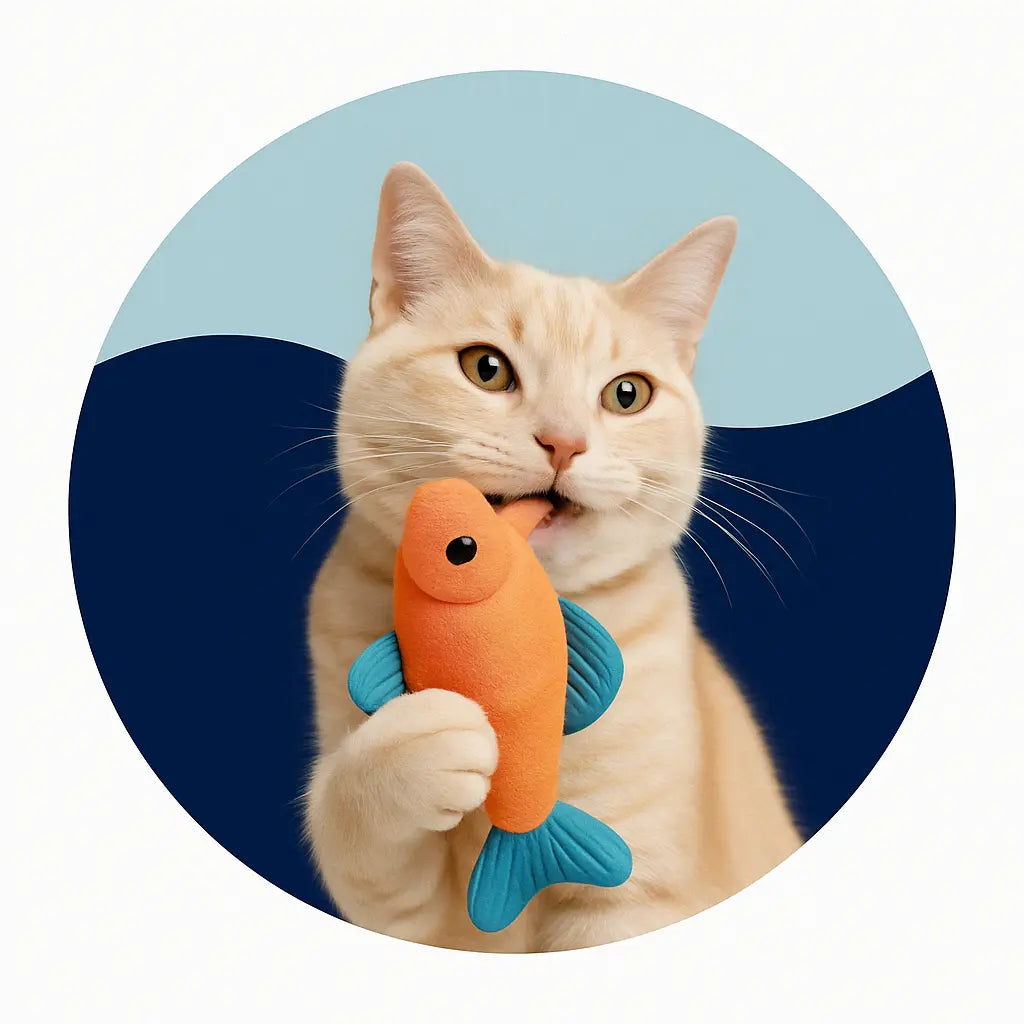 Cute orange tabby cat holding and biting a plush fish toy with blue fins, posed in front of a blue circular background.