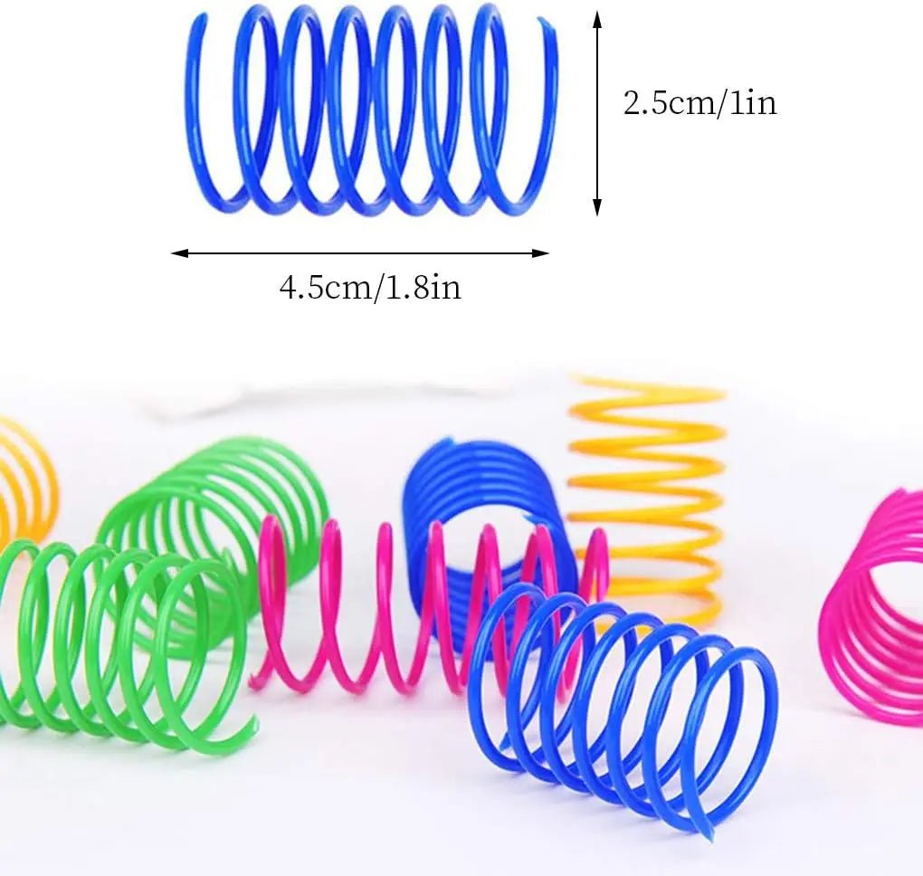 Size dimensions of a colorful spring toy, ideal for all cat sizes