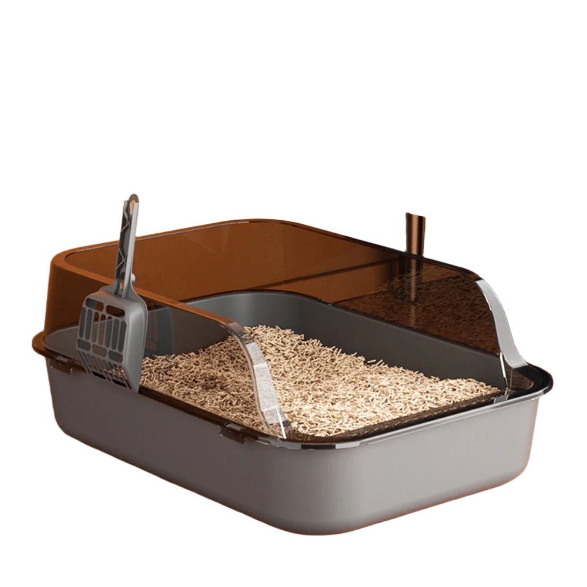 A gray litter box featuring a scooper and elevated walls to prevent spills.