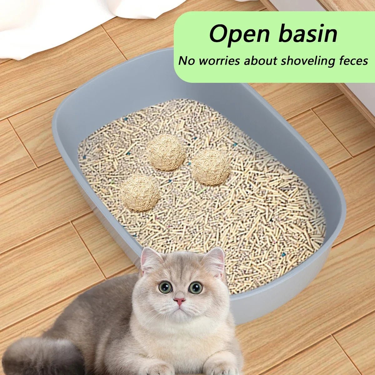A gray open litter box with a spacious design, perfect for easy access and mess-free use.