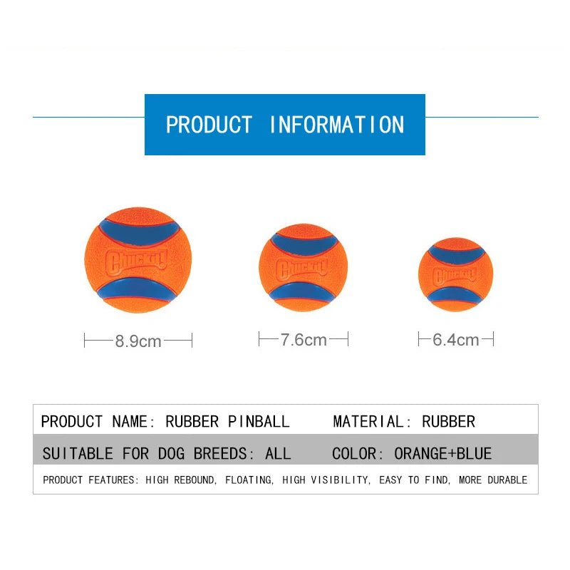 Size chart showing different dimensions for fetch balls.