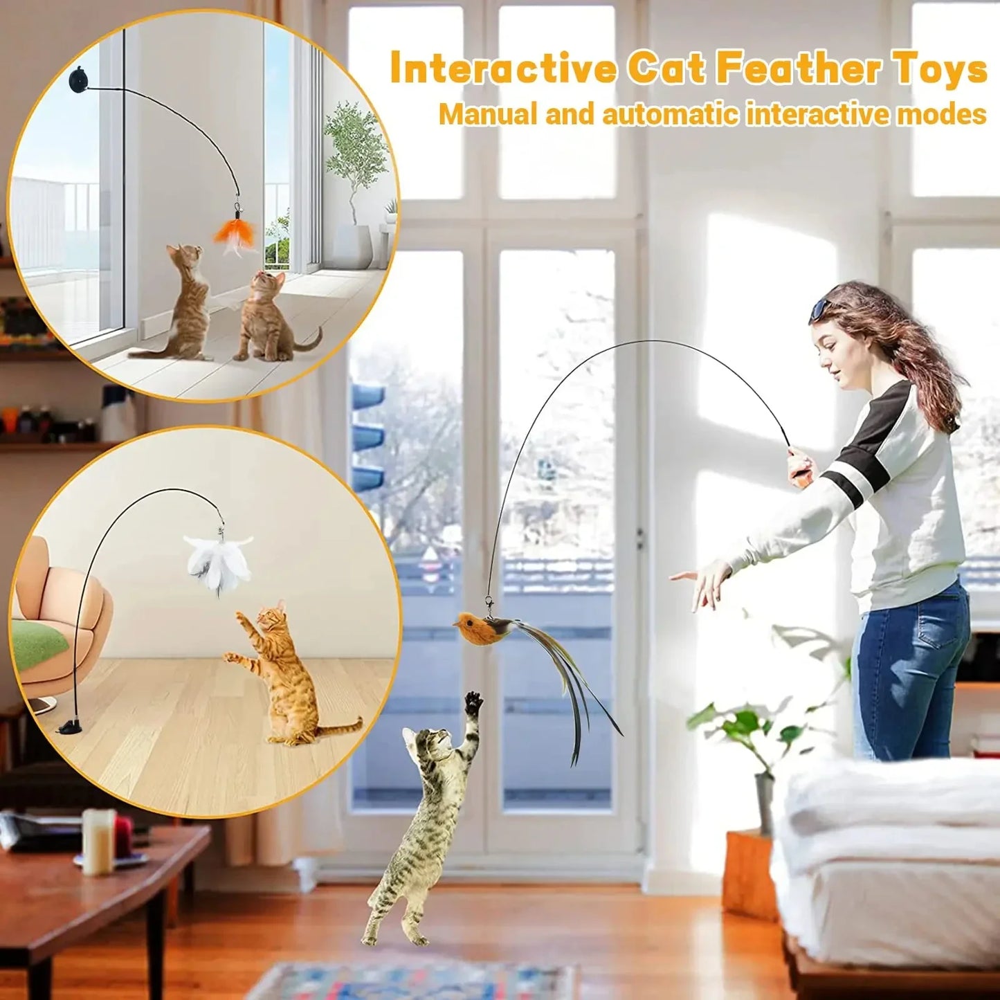 A woman and cats playing with interactive feather toys, featuring manual and automatic modes for engaging cat play