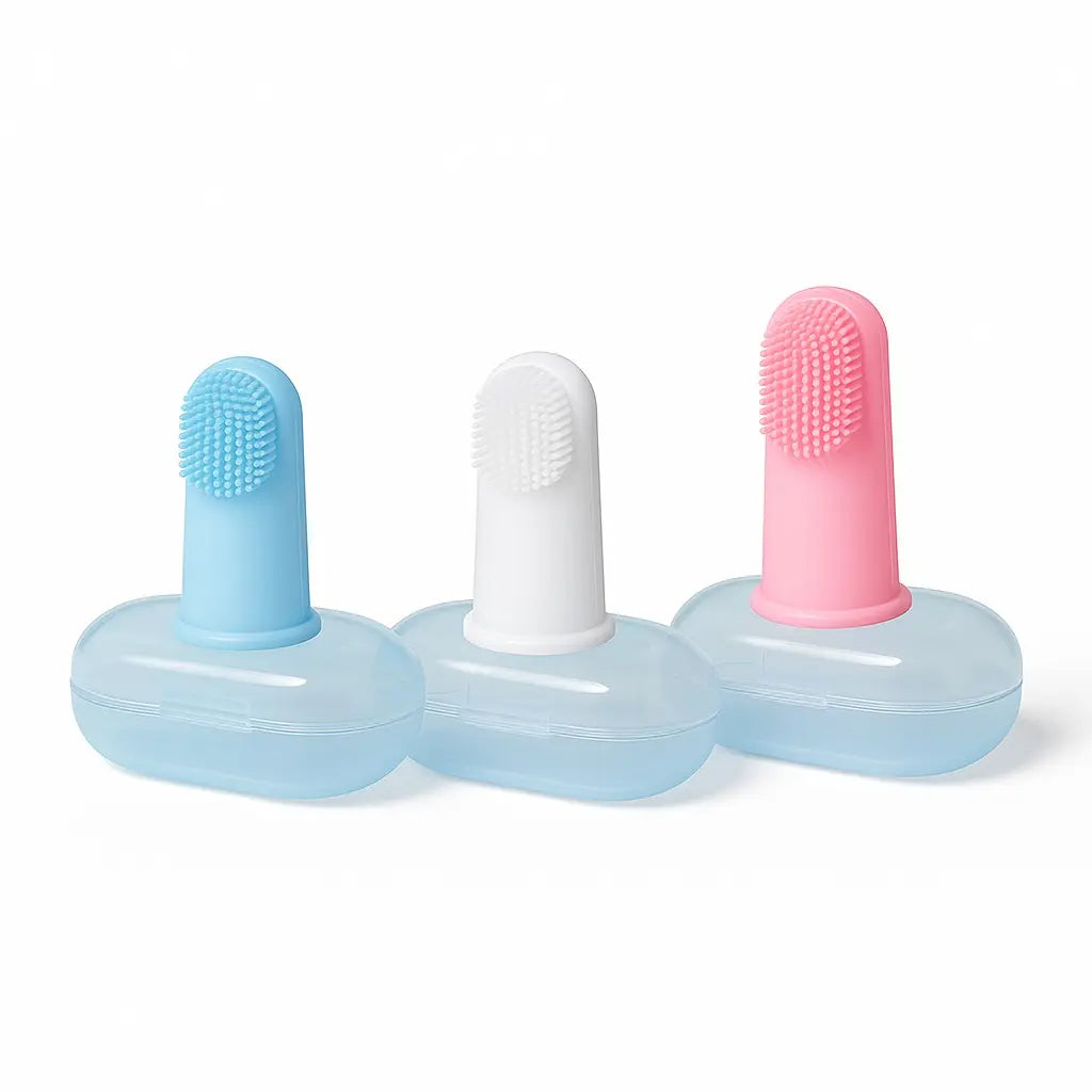 Set of pink, blue, and clear silicone brushes with protective cases.