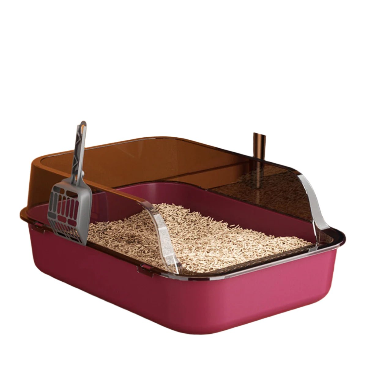 A pink Semi-Enclosed Cat Litter Box with durable construction and mess-containment features.