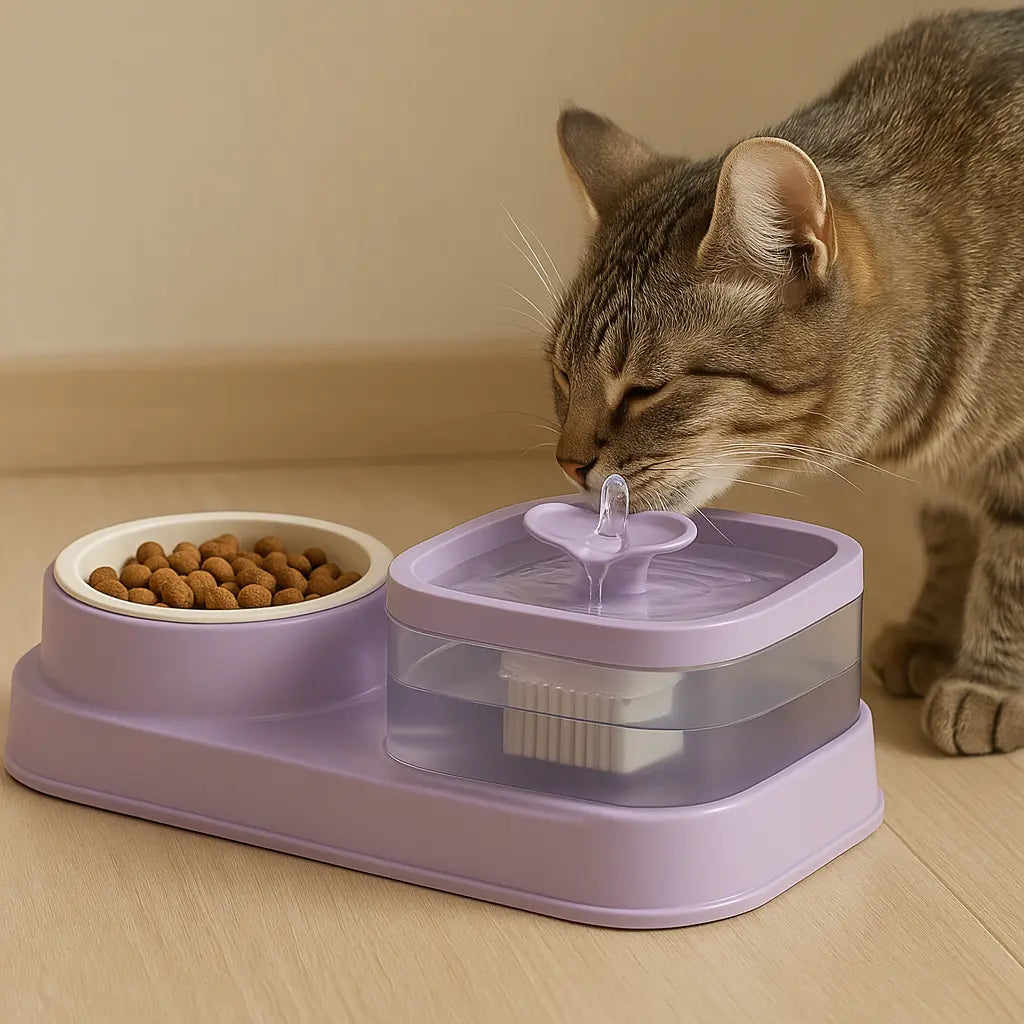 This adorable lavender feeding station combines a food bowl and a water fountain to keep your cat both nourished and hydrated. Sleek, quiet, and easy to clean — your pet will love every sip and bite!