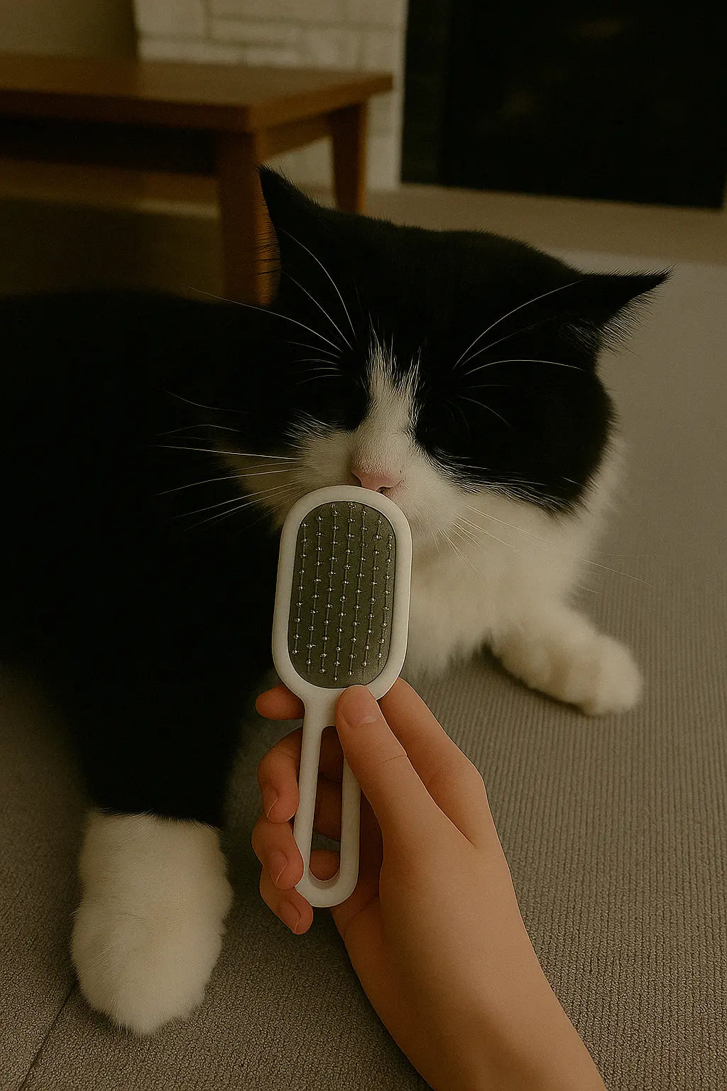Black and white cat sniffing a grooming brush held by a hand on a sofa.