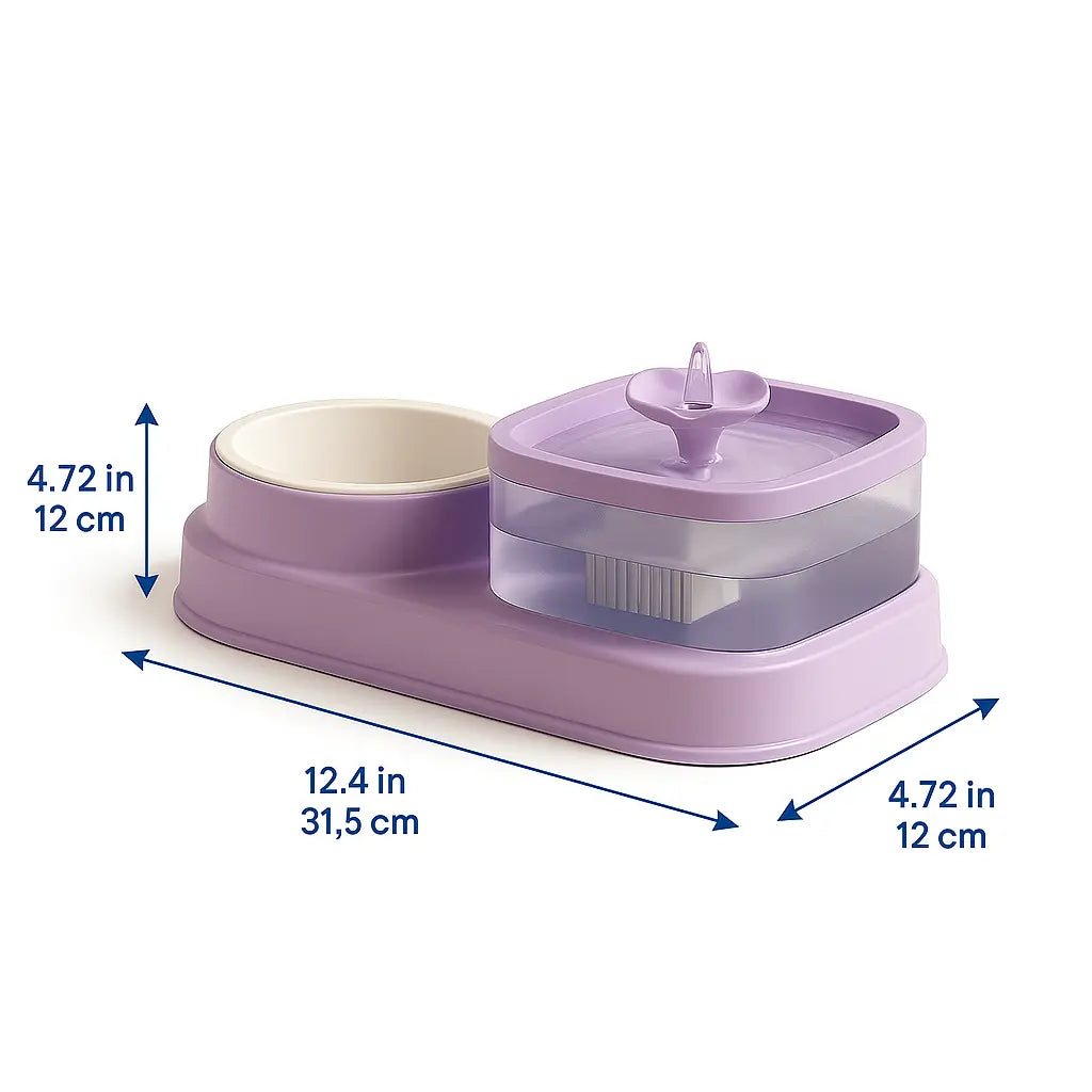 This compact 2-in-1 food and water station features a built-in fountain and bowl design, measuring 31.5 cm in length and 12 cm in height — perfect for small pets and tidy spaces.
