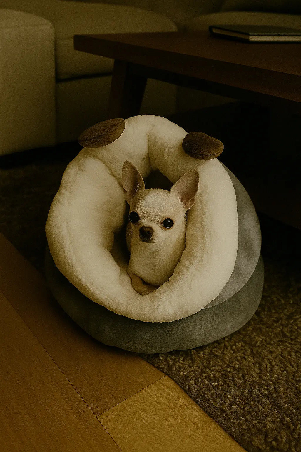 Tiny chihuahua snug inside a soft, cave-style pet bed shaped like a plush animal.