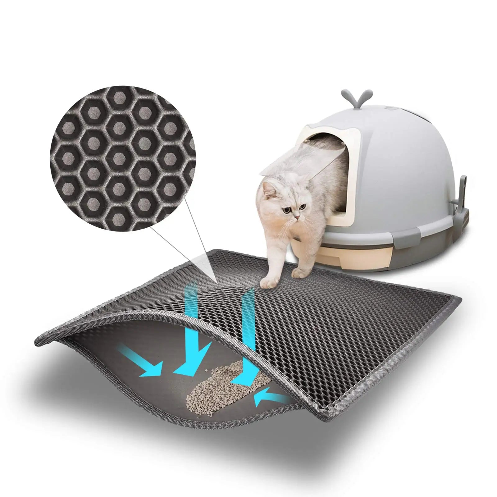 A cat stepping on a double-layer litter mat, designed to trap litter and prevent tracking for a cleaner home.
