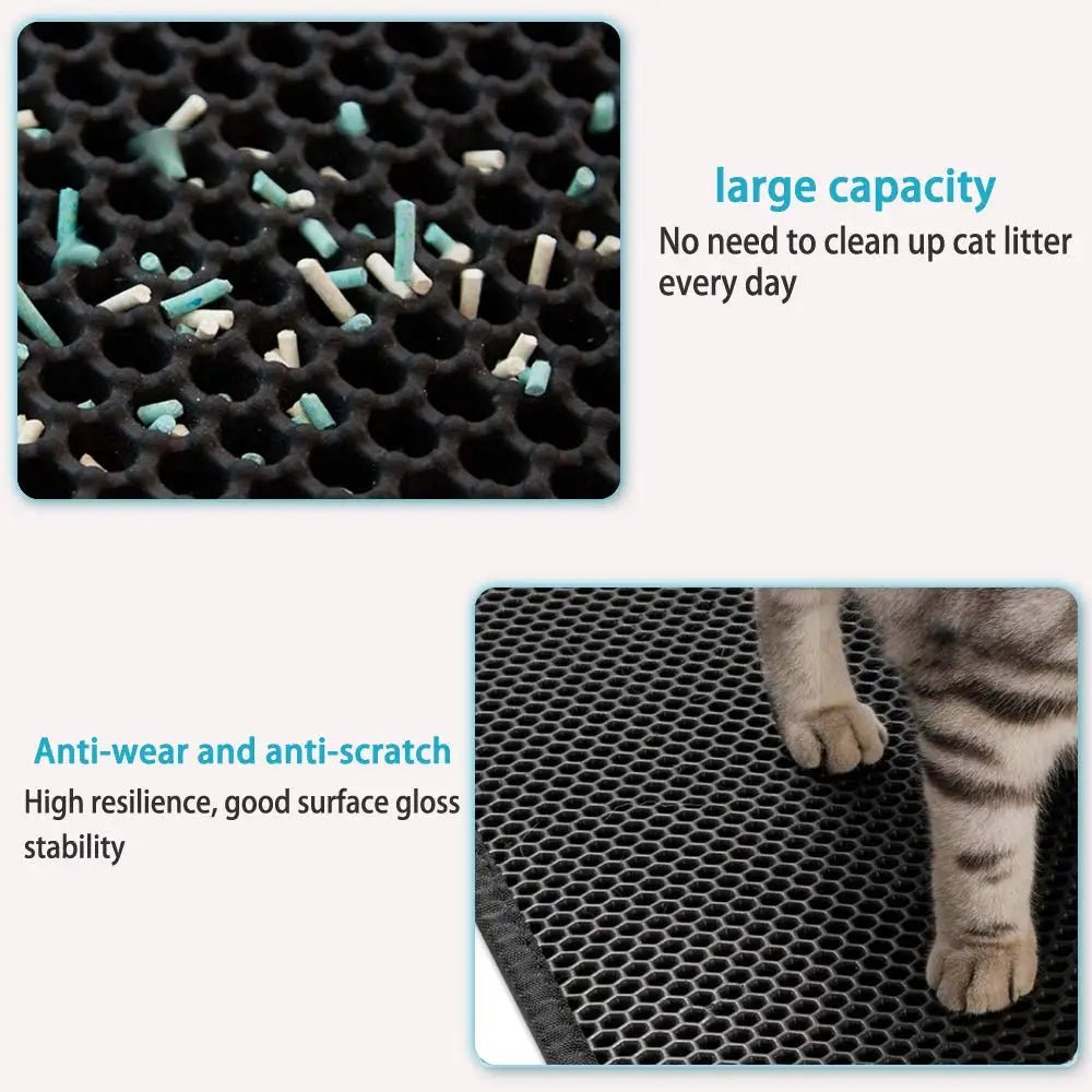 A cat standing on the textured litter mat, highlighting its anti-wear and anti-scratch features for long-term use.