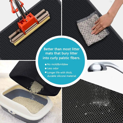 A demonstration of cleaning the litter mat, showing its waterproof design and easy-to-wipe surface.