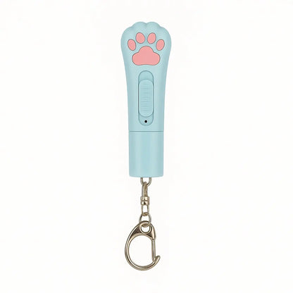 A compact and stylish cat laser pointer in blue with a paw-shaped button, designed for fun interactive play.