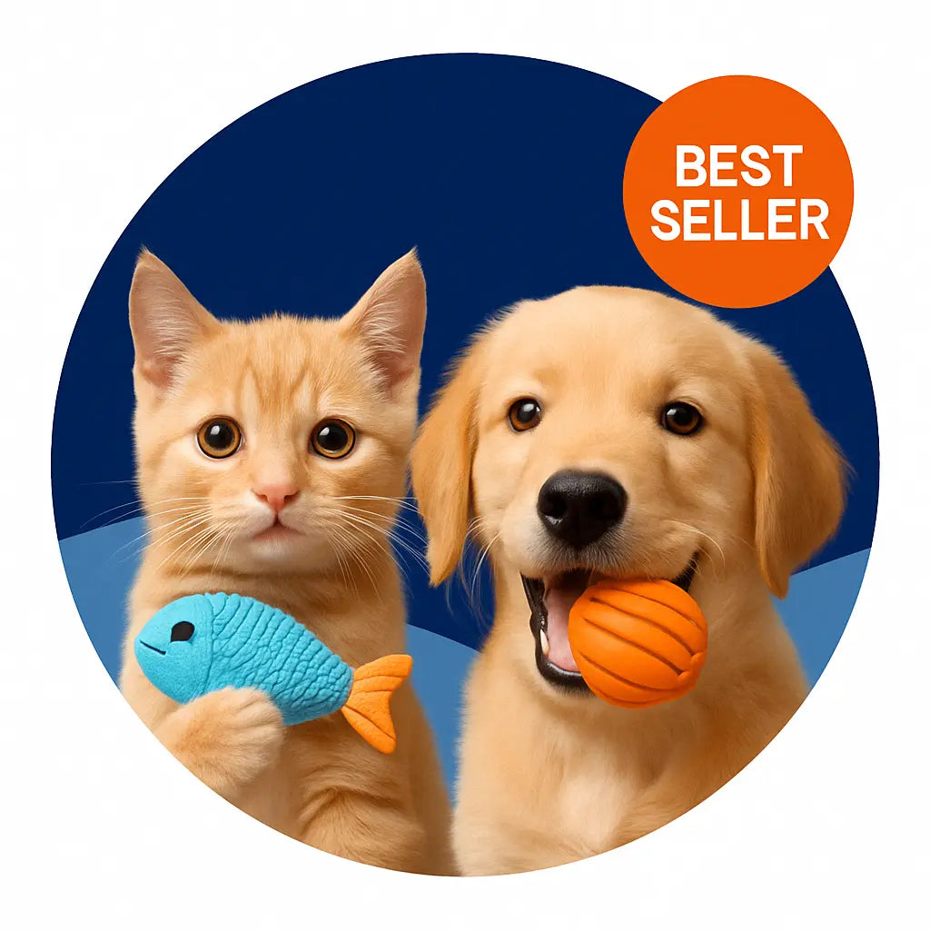 Cute orange tabby kitten and golden retriever puppy holding colorful chew toys — a fish and a ball — against a blue background, labeled as 