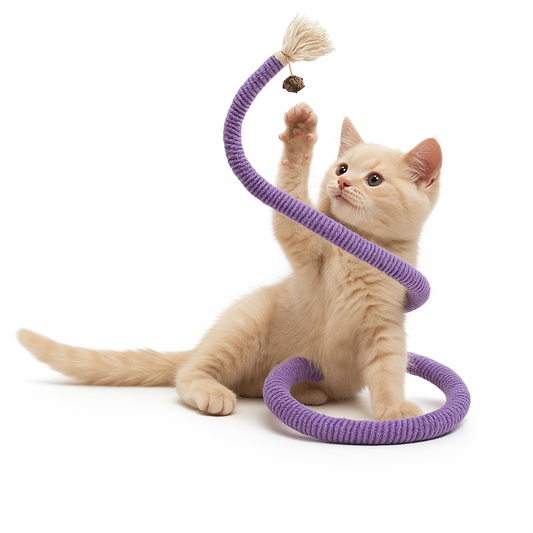 Cat playing with a purple rope toy on a white background