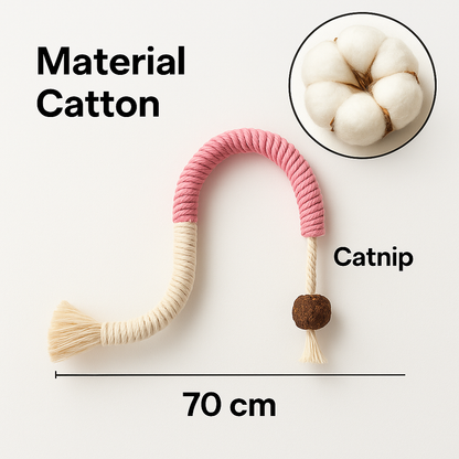 Pink and beige pet toy with catnip and cotton, labeled '70 cm' on a white background.