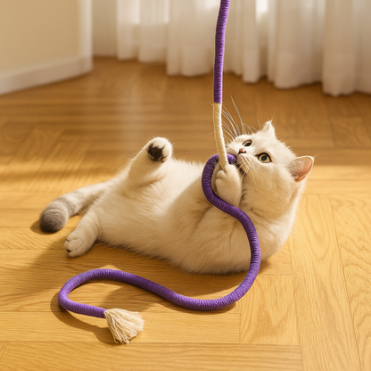 Cat playing with a purple rope toy on a wooden floor