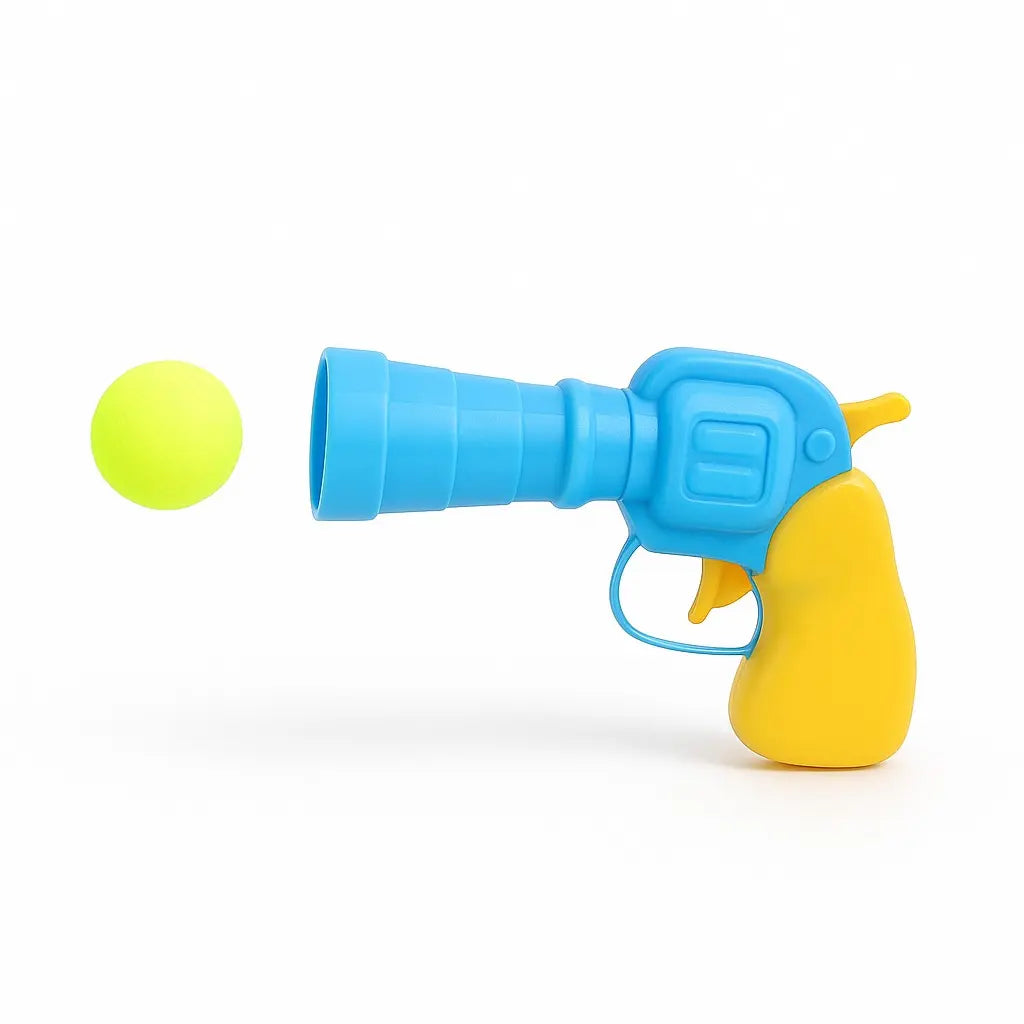 A blue and yellow toy designed for throwing balls.
