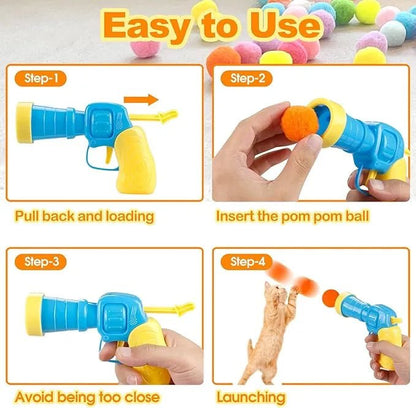 Instructions showing how to use a ball launcher for cats, step by step. 