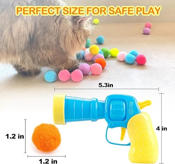 A launcher shown with dimensions and a cat playing with it, ideal for active play.