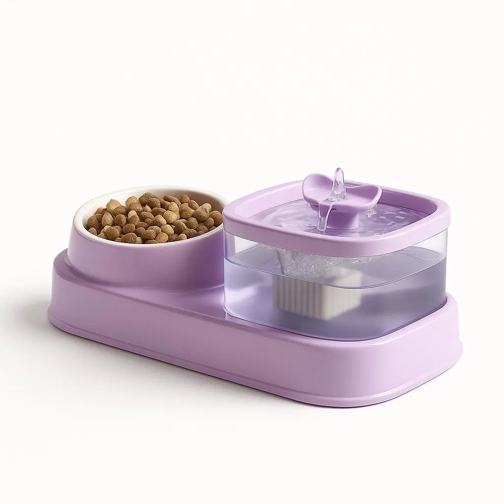 2-in-1 pet water fountain and feeder in purple, perfect for cats and small dogs.