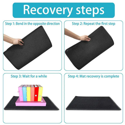 Step-by-step instructions on how to flatten and recover the litter mat’s shape after folding.