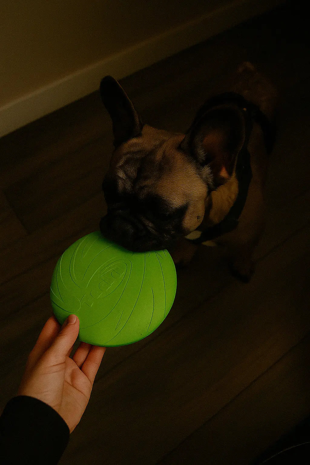 French bulldog gripping a green rubber dog toy held by a hand indoors.