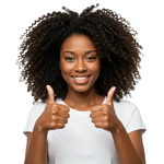 Woman with curly hair giving a thumbs-up gesture on a white background