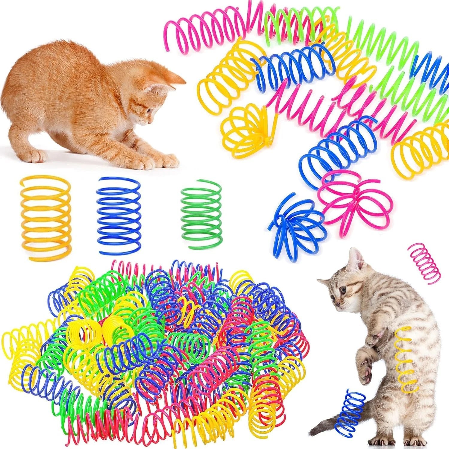 Cats enjoying a variety of colorful spring toys, engaging in playful chasing and batting