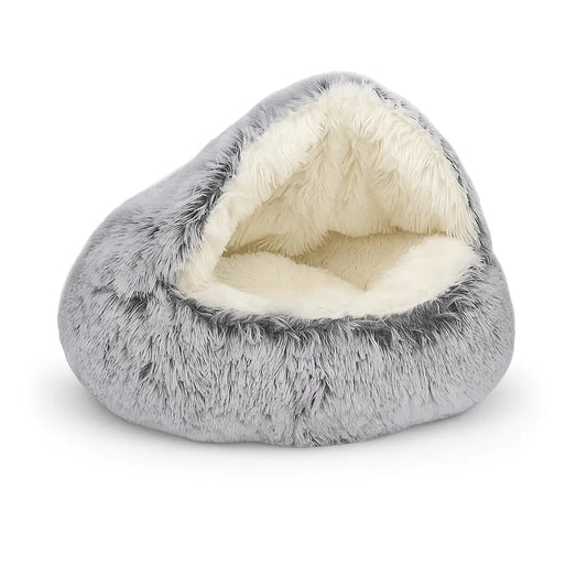 Heated cat bed in grey color – soft faux fur cave bed