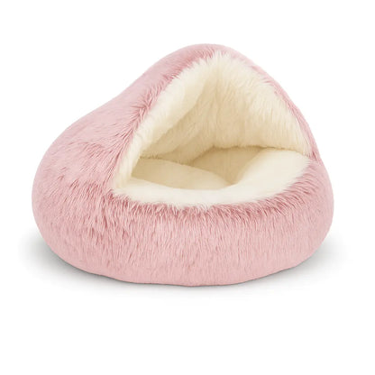 Heated cat bed in pink color – plush self-warming cave bed