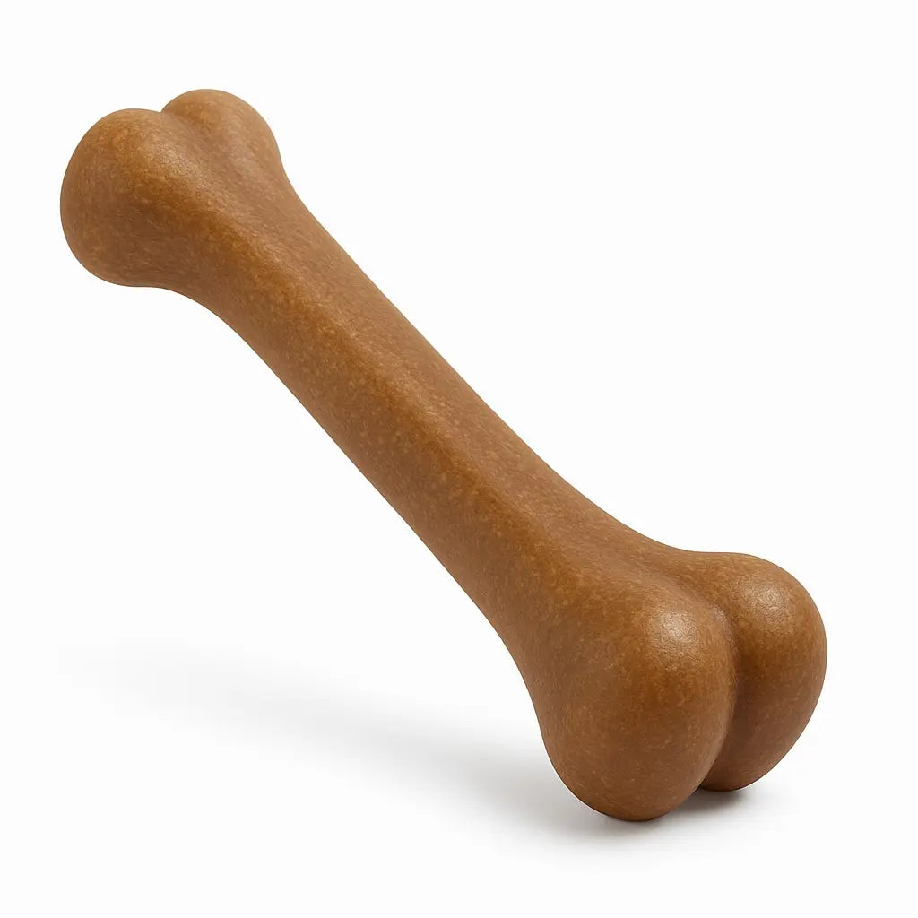 A brown bone-shaped toy displayed on a clean white background