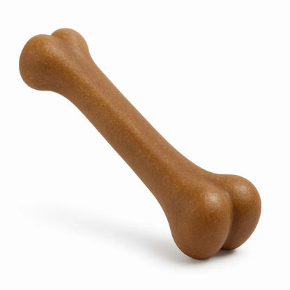 A brown bone-shaped toy displayed on a clean white background